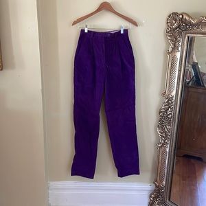 High waist, purple corduroy vintage pleated trousers.